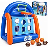 TOY Life Inflatable Multi-Sport Pool Game, 7-Piece Set, Ages 5+ | basketball hoop, 6 scoring targets, 3 basketballs, 3 footballs, backyard play, water-fill base