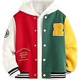 WDIRARA Boy's Letter Graphic Print Bomber Baseball Coat Button Front School Uniform Varsity Jacket