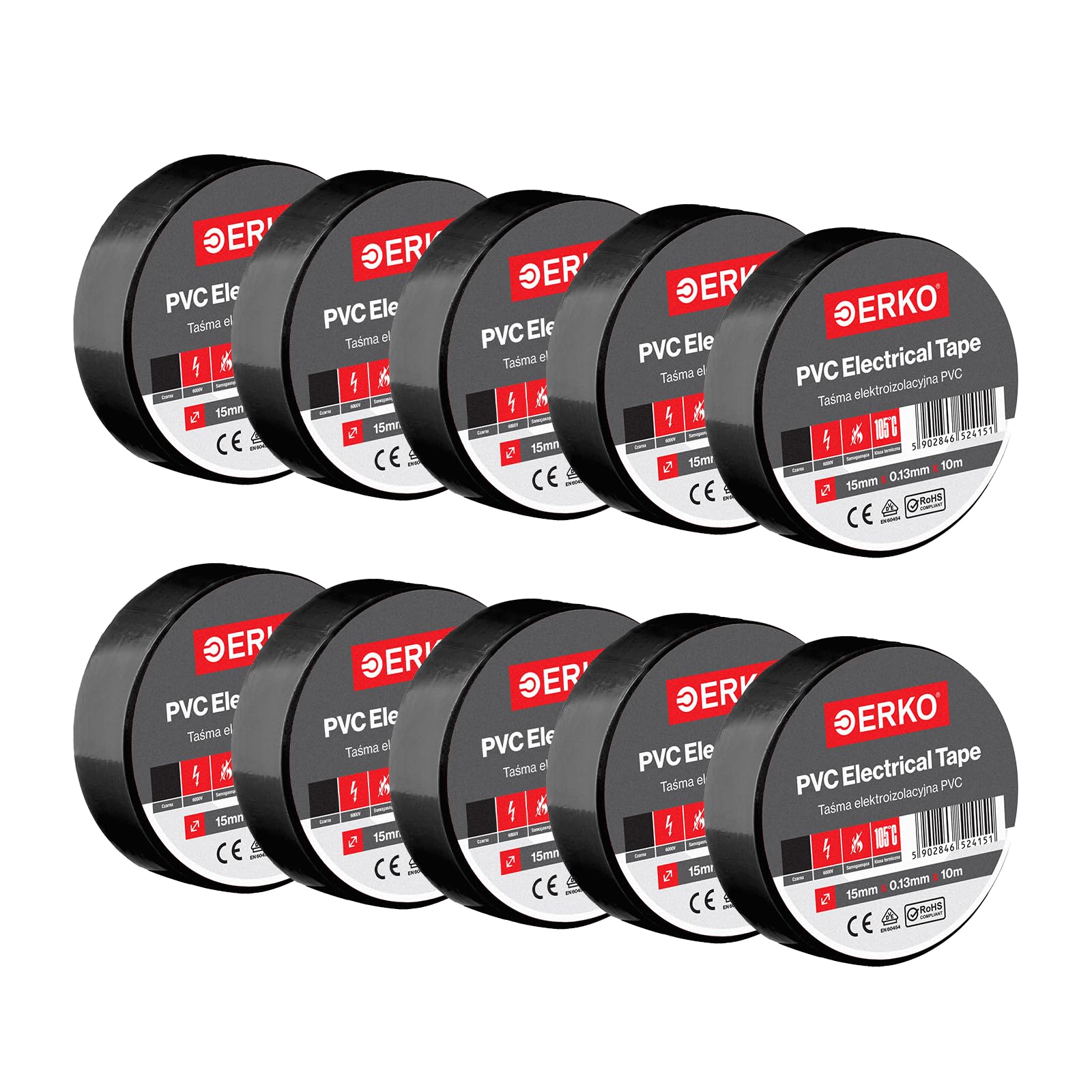 ERKO Electrical Tape Black 10 Pack 0.6in x 33ft PVC Electrical Wiring Repair, Flexible, Strong Adhesion, Chemical Resistant, Universal (15mm x 10m)