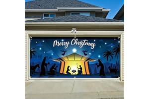 BLISSFULTIE Magnetic Garage Door Christmas Cover 7×16ft, Christmas Garage Door Cover 2 Car with Nativity Design (Magnets*6 Included)