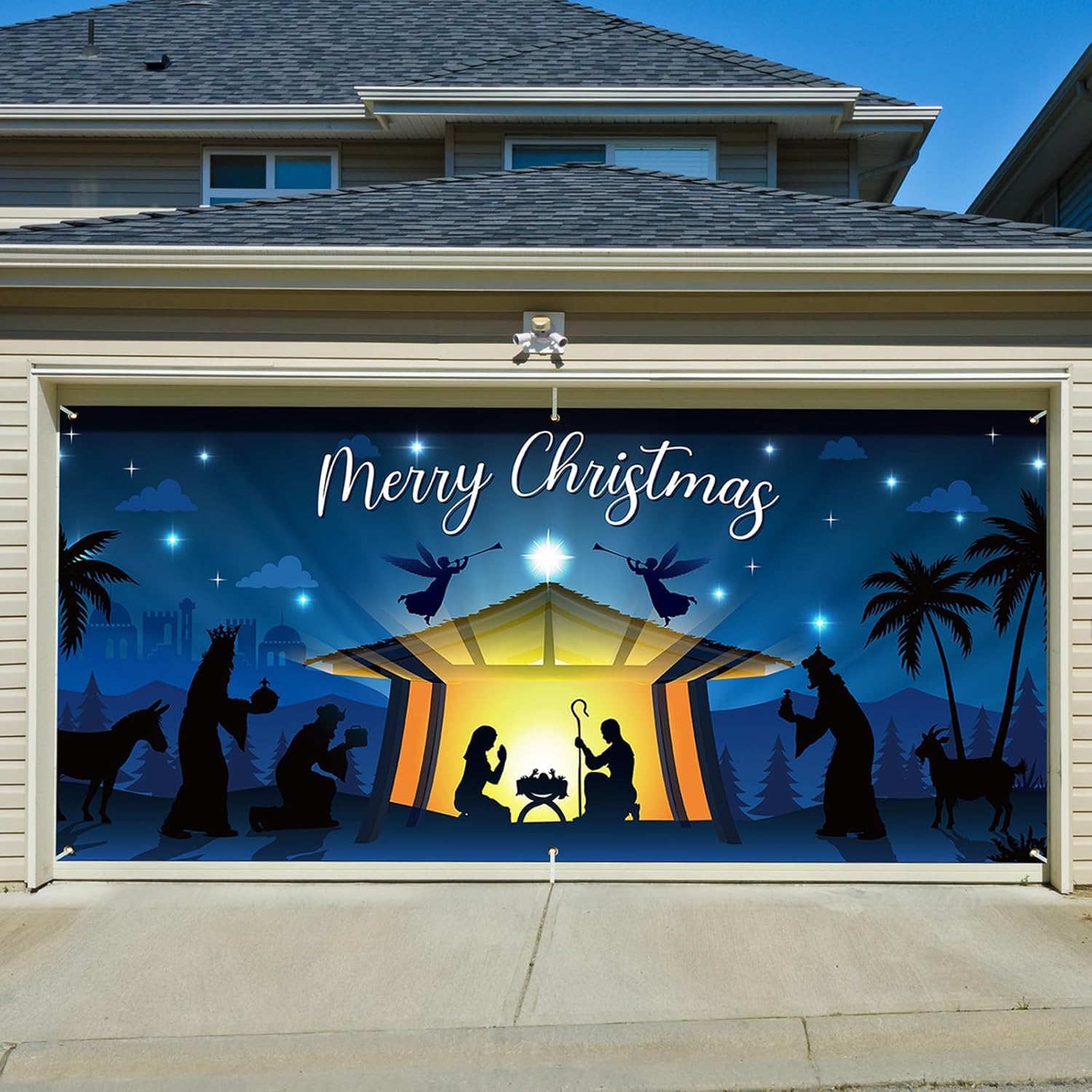View 1 of 2025 Upgraded Magnetic Christmas Garage Door Covers 7x16ft, Garage Door Christmas Cover with 59Ft Rope, Banner for Garage Door Decorations (Magnets*6 Included)