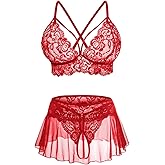 CRIPOM Sexy Lingerie for Women Naughty 3 Piece Lace Bralette, Mini Skirt with G-String Crotchless Lingerie Outfits