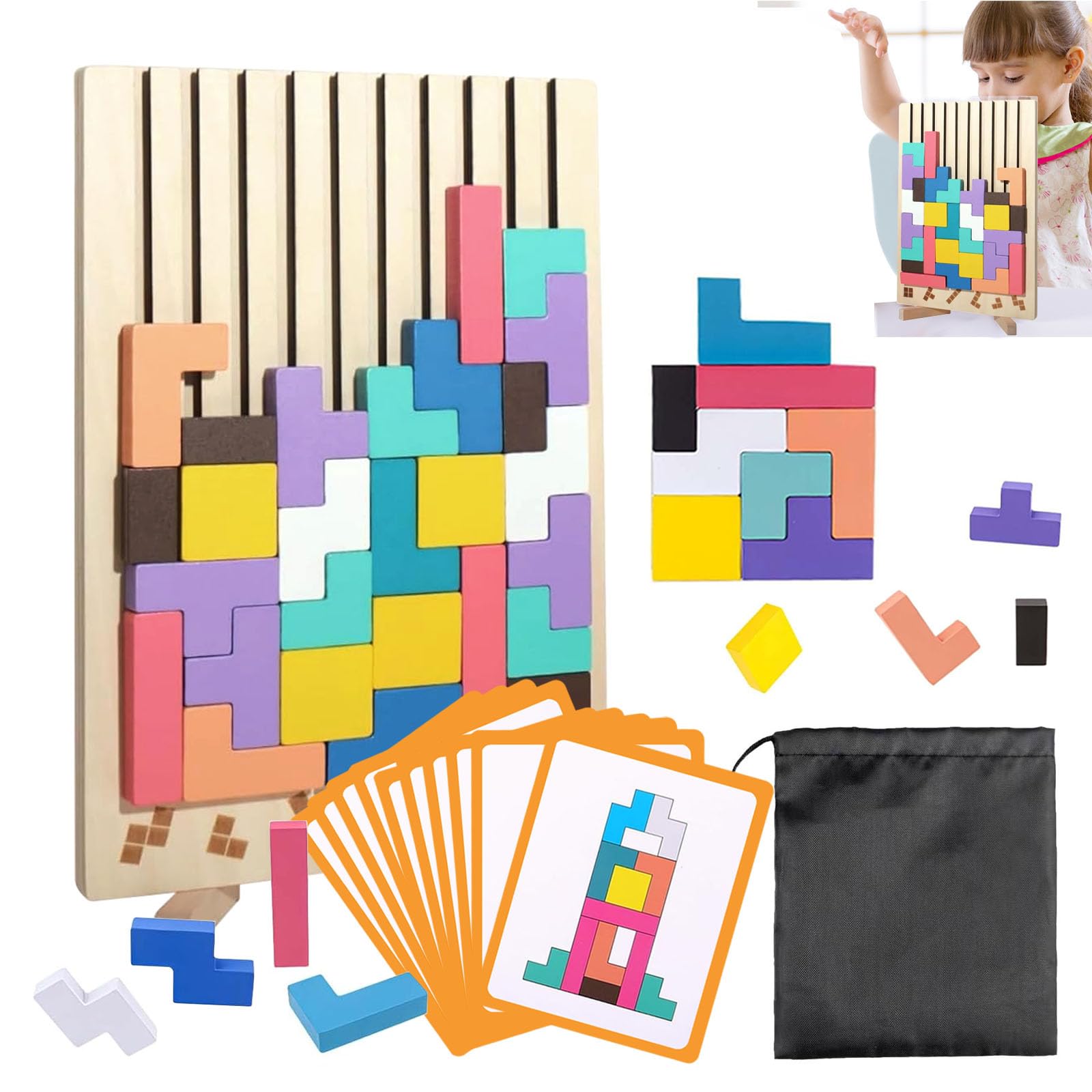 Wooden Stacking Puzzle Toy, 3D Montessori Wooden Stacking Puzzles Toy, Stress Relief Colorful Block Game with 10 Cards and Storage Bag for Adults and Kids