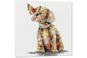 SEVEN WALL ARTS Dog Canvas Wall Art Colorful Animal Picture Pet Puppy Butterfly Alighted on Dog Paintings Modern Framed Artwork for Bedroom Nursery Kids Room Office Home Decor 24"x24"