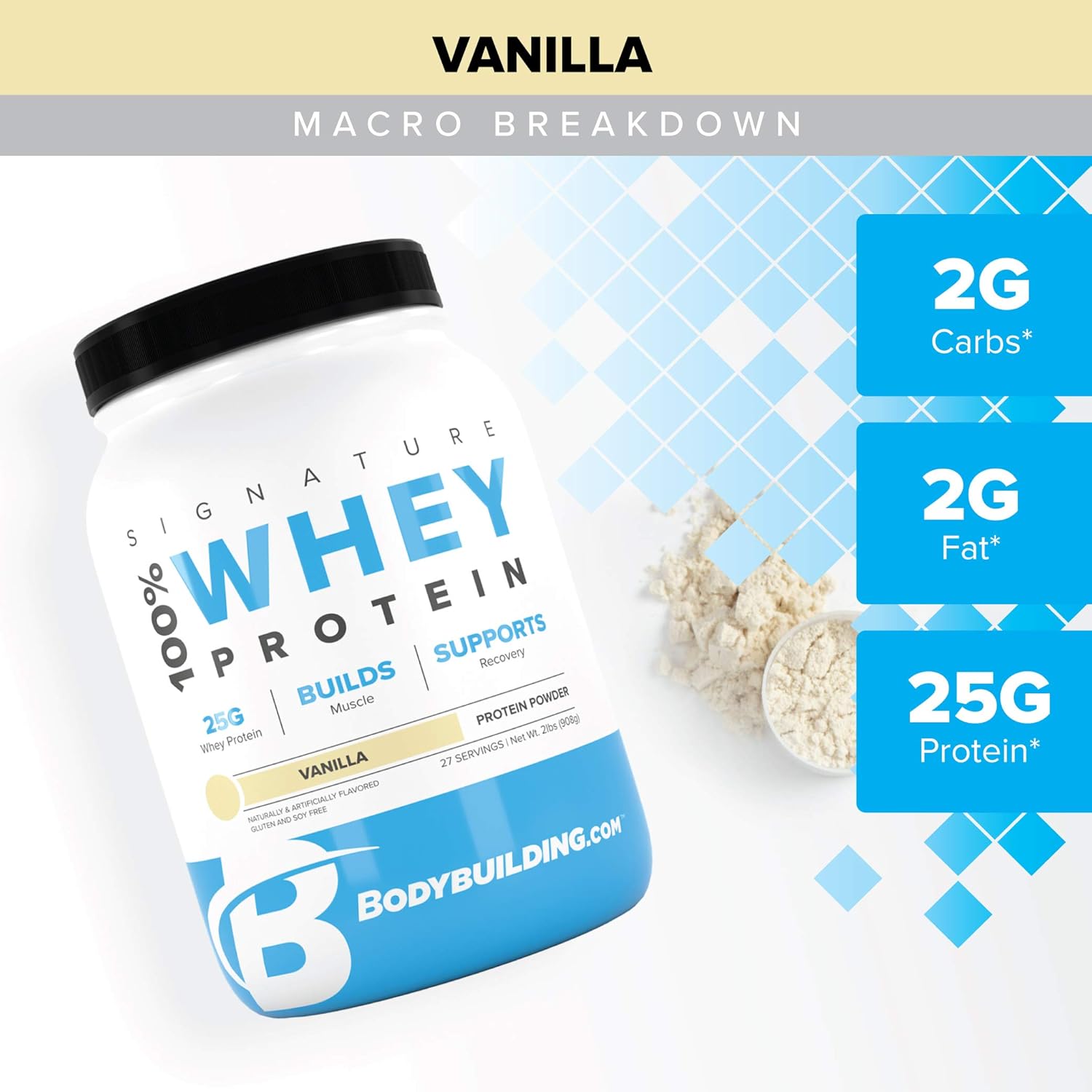 Bodybuilding Signature 100% Whey Protein Powder | 25g of Protein per Serving (Vanilla, 2 Lbs)