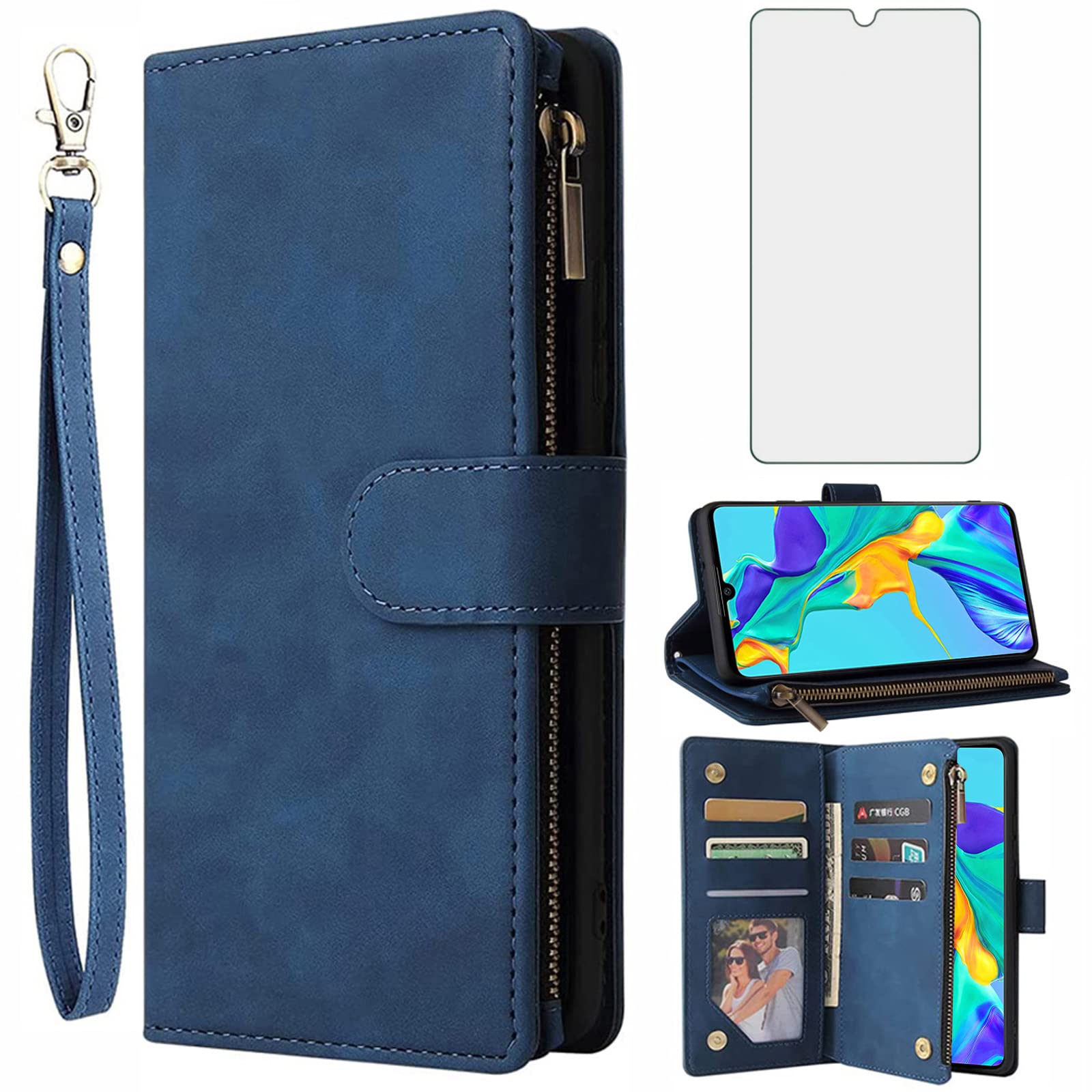 Asuwish Compatible with Huawei P30 Wallet Case Tempered Glass Screen Protector and Leather Magnetic Flip Cover Card Holder Stand Cell Accessories Phone Cases for Hawaii P 30 ELE-L29 Women Men Blue