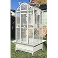 Large Elegant Wrought Iron Open/Close Dome Perch Play Top Stand Bird Parrot Rolling Cage, Include Metal Seed Guard Solid Metal Feeder Breeding Door (24" x 22" x 63"H, White Vein)