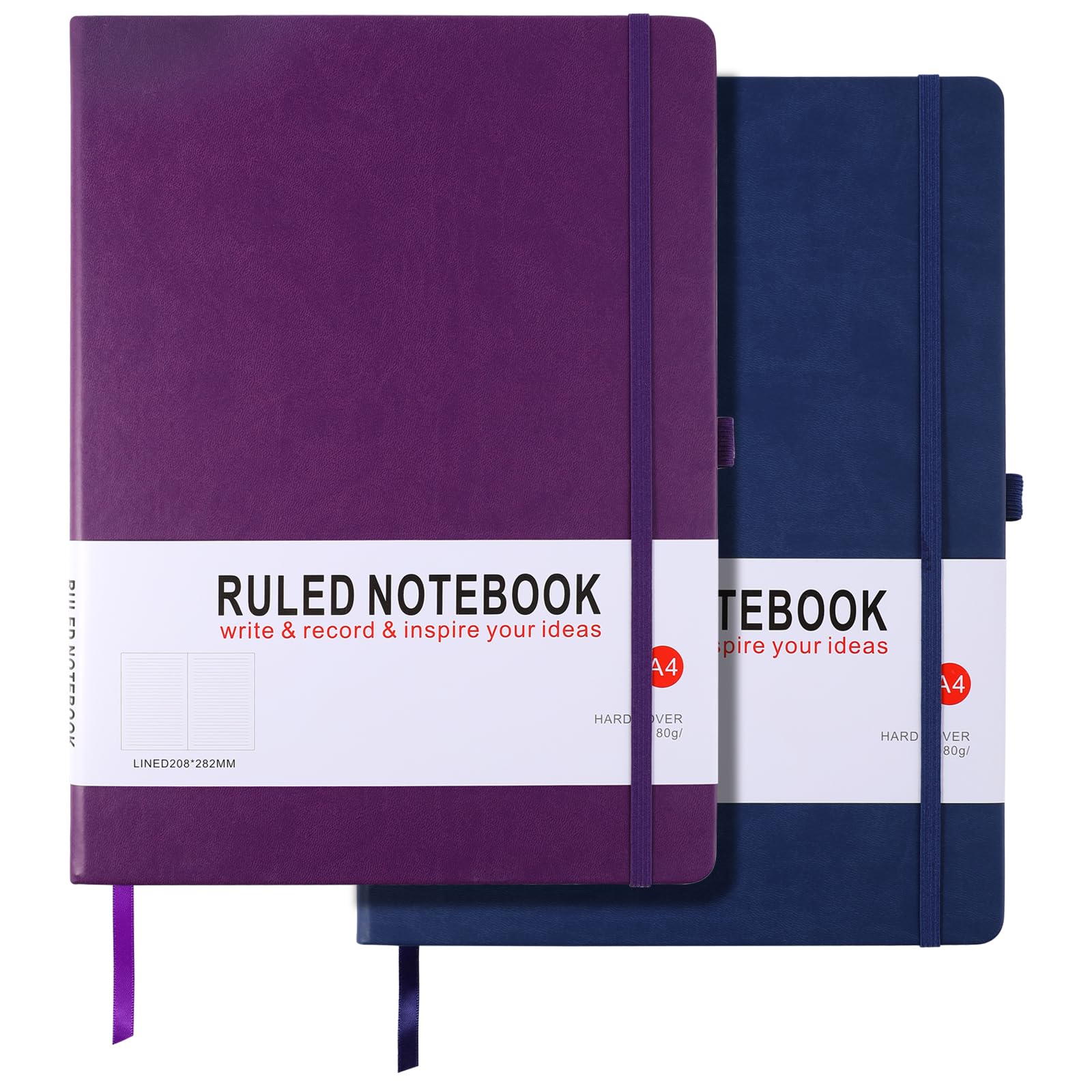 HIJYOO 2 Pack Notebook A4 Ruled Journal Notebook Hardcover Notepad with Bookmark Composition Notebooks, Pen Loop, and Elastic Closure, 8.3" X 11.35"，(Purple+Blue) — image 1