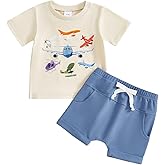 Bonangber Toddler Baby Boy Summer Clothes Short Sleeve Airplane Print Shirt and Elastic Waist Shorts Sets Summer Outfit 2Pcs