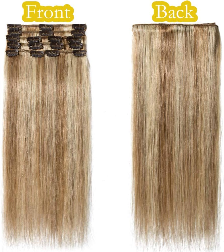 8PCS Clip in Human Hair Extensions 14inch #12/613 Golden Brown&Bleach Blonde -Basic Thickness 60g- Straight Remy Hair Extensions - Image 5