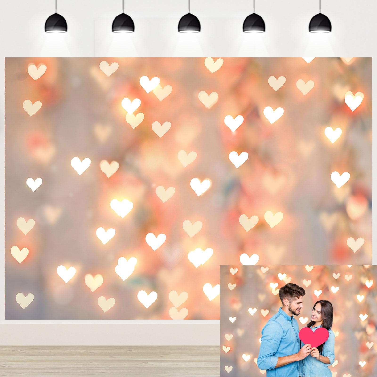 Photo 1 of Romantic Anniversary Backdrop Banner 7x5ft Gold Heart Light Decorations for Couples Date Night Wedding Engagement Birthday Party Photo Booth Background (82x59inch)