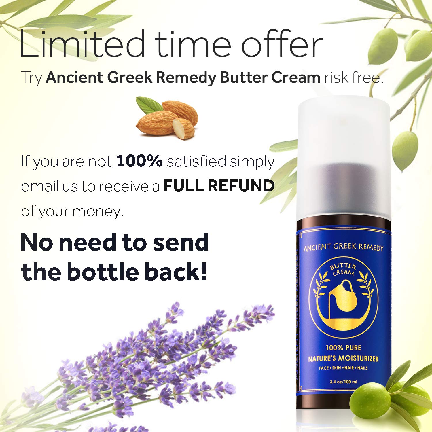 Organic Facial and Body butter Cream. Made of Almond, Olive, Castor, Vitamin E, Lavender oil. Anti Aging lotion for Face, Skin, Hair, Dry Hands, Cuticle. Day and Night Moisturizer for Men and Women : Beauty