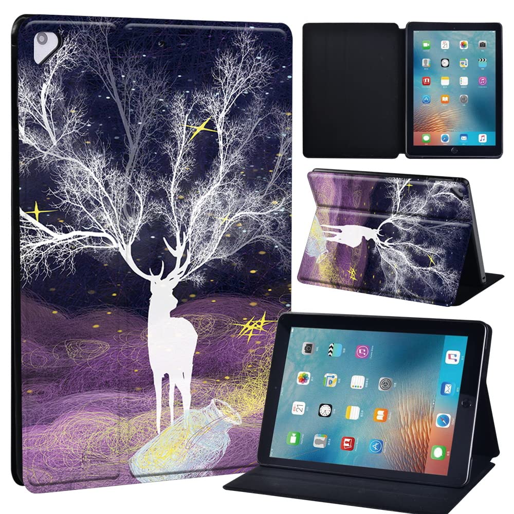 Leather slim lightweight Stand Cover Folio Case for Apple New iPad 9.7 2018 2017(6th Gen, 5th Gen)/iPad Air 2/iPad Air/iPad Pro 9.7 Tablet with Auto Wake/Sleep (fantasy single white deer)