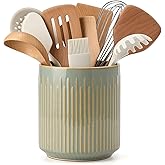 JIEMEI HOME Kitchen Utensil Holder, Ceramic Stable Utensil Crock for Countertop, 7.2" Large Utensil Organizer with Cork Mat, Removable Bamboo Divider for Kitchen Décor and Accessories, Green