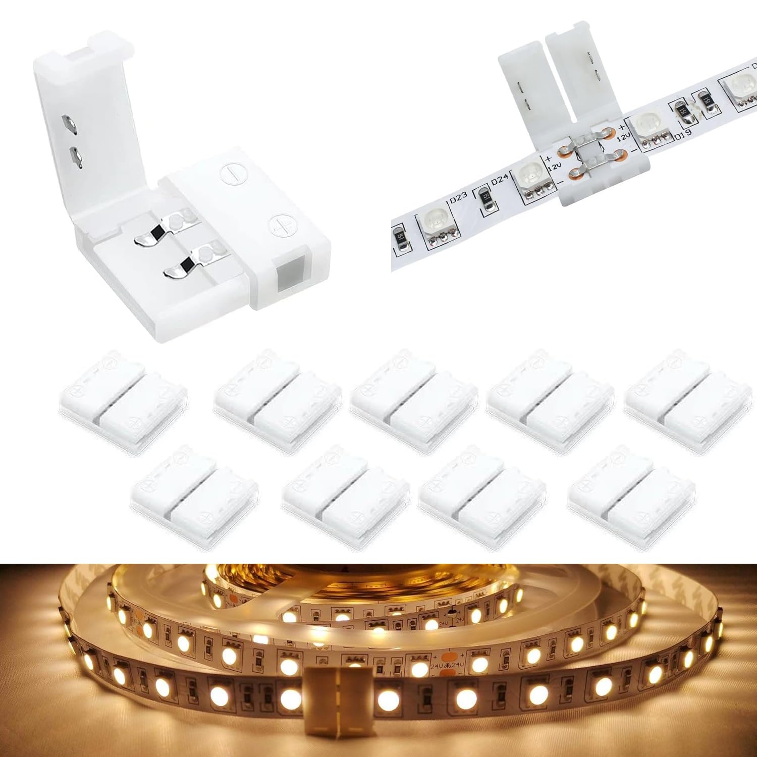 SHAOYAYAZHANG Pack of 10 2-Pin LED Connectors for LED Strip Lights 10 mm Wide Gapless LED Tape Light Clips Solderless Adapter Extension
