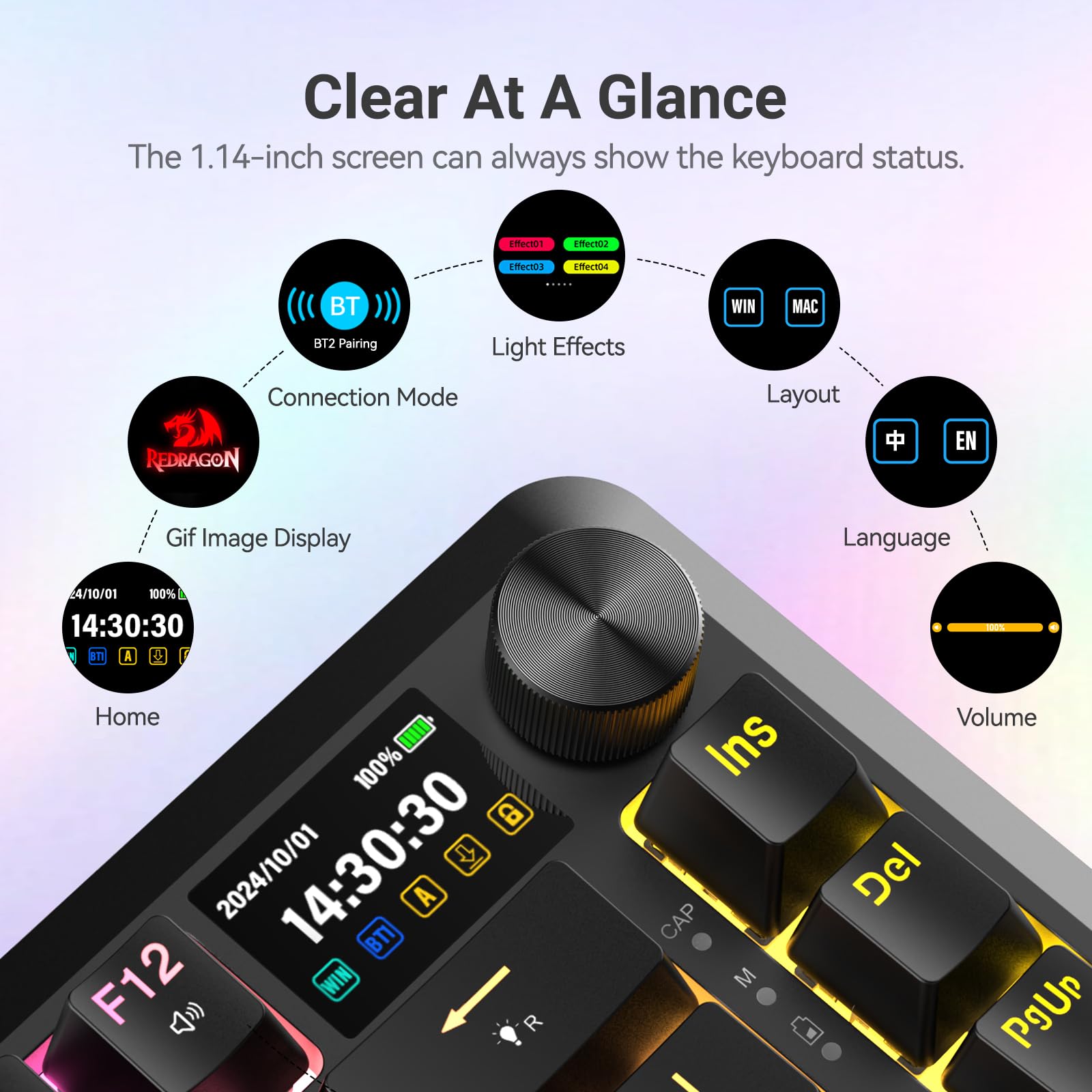 Redragon K708 Pro Wireless Mechanical Gaming Keyboard - Gasket-Mounted RGB Backlit, 81 Customizable Keys, 3-Mode (2.4G/Bluetooth/USB), Hot-Swap Pre-Lubed Switches, Screen & Control Knob - Black