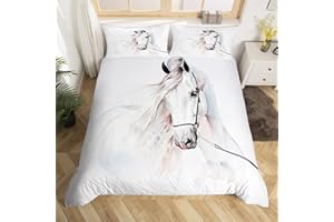 Feelyou Boys Duvet Cover Set Twin for Kids Teens Horse Bedding Set 3D Steed Print Comforter Cover Wildlife Bedspread Cover Animal Microfiber Quilt Cover White Bed Cover Watercolor Cool