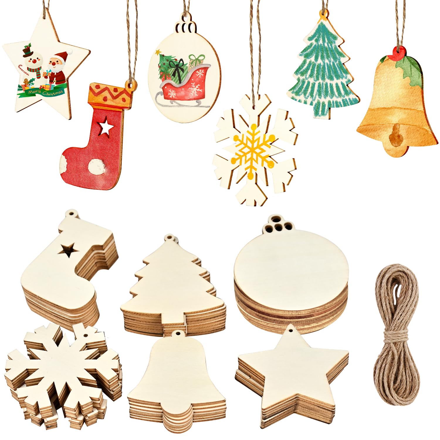Fuyuleyo 60Pcs Wooden Baubles Christmas Decorations, Natural Christmas Ornaments Shapes Paintable Wood Slices for Kids DIY Crafts Hanging Xmas Tree Decorations