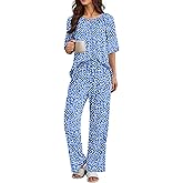 Ekouaer Pajamas for Women Set Short Sleeve Printe Lounge Sets Soft Pjs Round Neck Loungewear with Pockets S-XXL