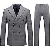 Mens Plaid 3 Piece Suits Slim Fit Double Breasted Plaid Suit Jacket Vest Pants Set Formal