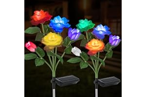 XBllcyiv 2 Pack Solar Lights Outdoor 7 Color Changing Rose Lights Waterproof Outdoor Lights Solar Powered with Flowers, Garden Decor for Patio Yard Pathway (White and Yellow)