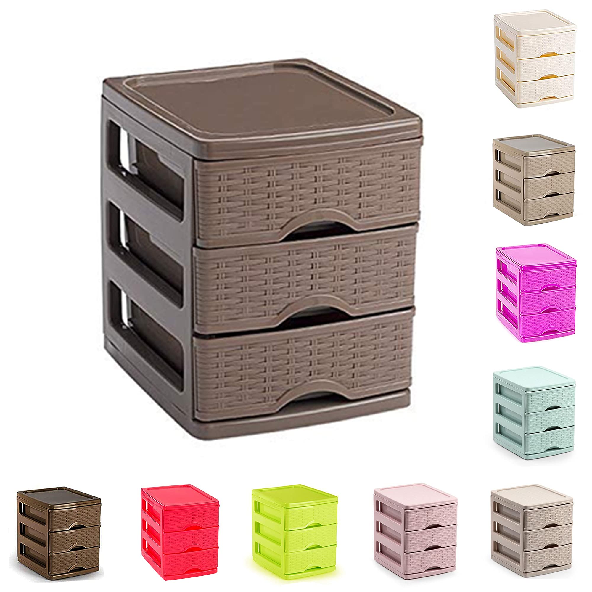 3 Drawers Plastic Desktop Storage Unit with Drawers, Stationary Arts Drawer Desktop Tabletop Organiser Storage Tower Unit for Office Bedroom Garage (17 x 13.5 x 17cm - Dark Brown Rattan)
