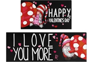 Xsinufn Valentines Day Kitchen Mat Set 2 Piece,Valentines Day Gnomes Buffalo Plaid XOXO Decorative Kitchen Rugs,Valentines Hearts Low-Profile Kitchen Mats for Home Kitchen (17"x48"+17"x30" Black)