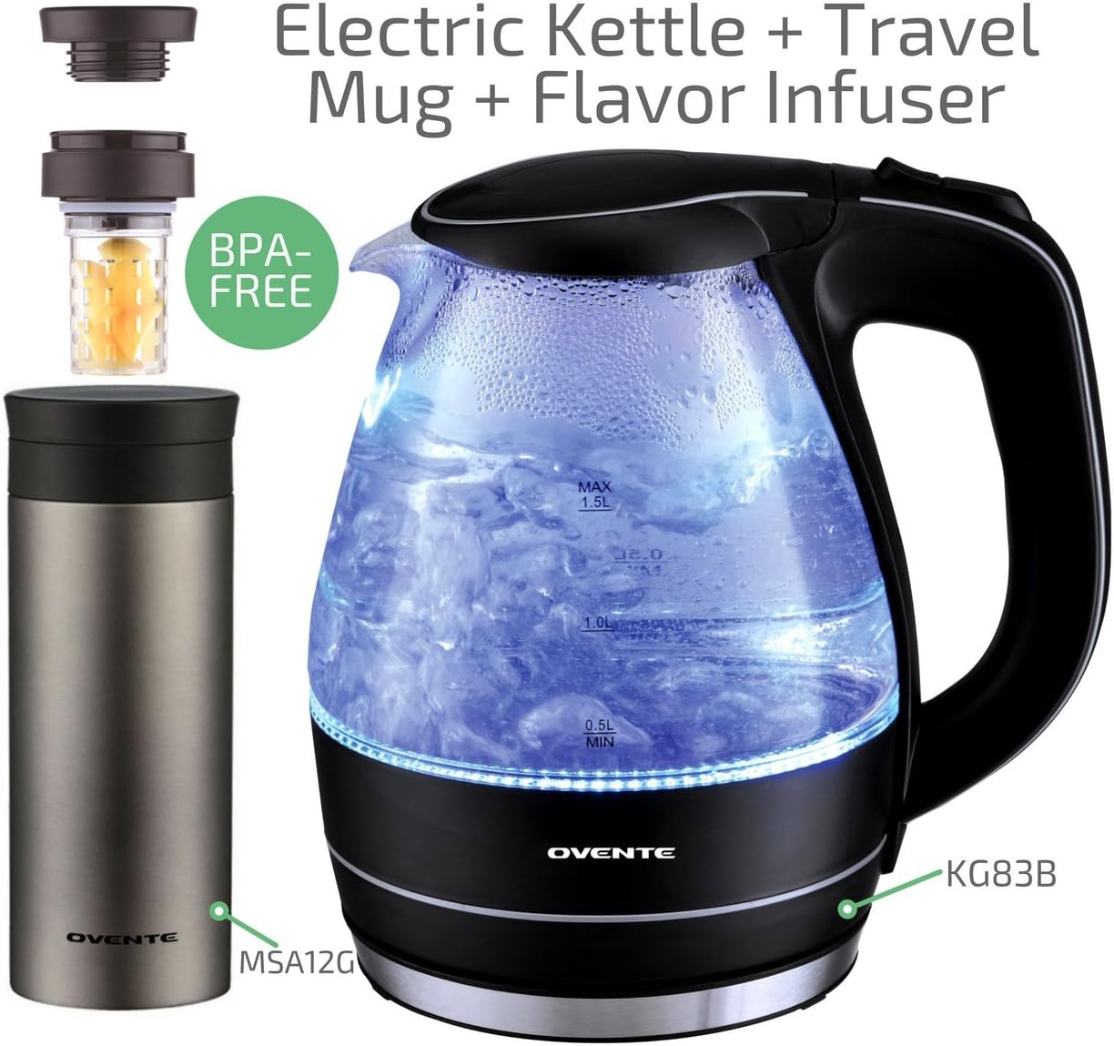 Ovente Electric Glass Kettle 1.5 Liter with Heat Tempered Borosilicate Glass (Black), Bonus of 12 Ounce Double Wall Insulated Stainless Steel Travel Mug (KG83B + MSA12G)
