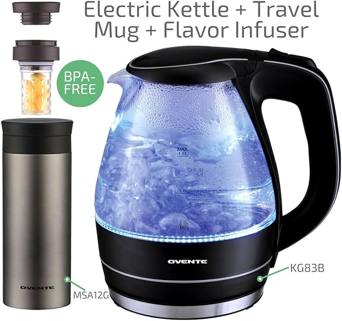 Ovente Electric Glass Kettle 1.5 Liter with Heat Tempered Borosilicate Glass (Black), Bonus of 12 Ounce Double Wall Insulated Stainless Steel Travel Mug (KG83B + MSA12G)