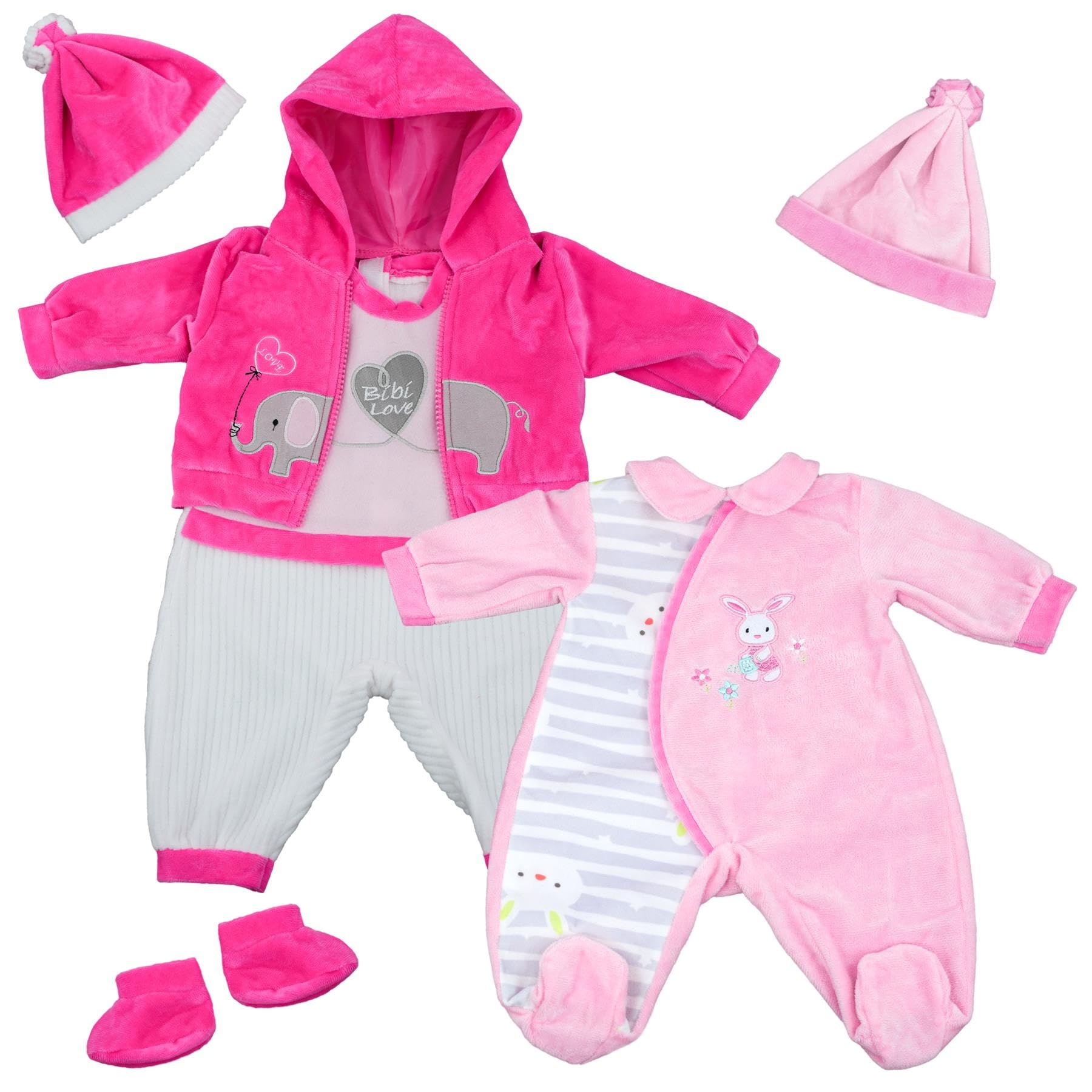 BiBi Doll Baby Girl Doll & Reborn Clothes Set, 20" (50cm) - Pack of 2 Including Elephant Jacket & Pink Bunny Jumpsuit - Role Play Toys & Accessories for Girls & Boys, 18 Months+