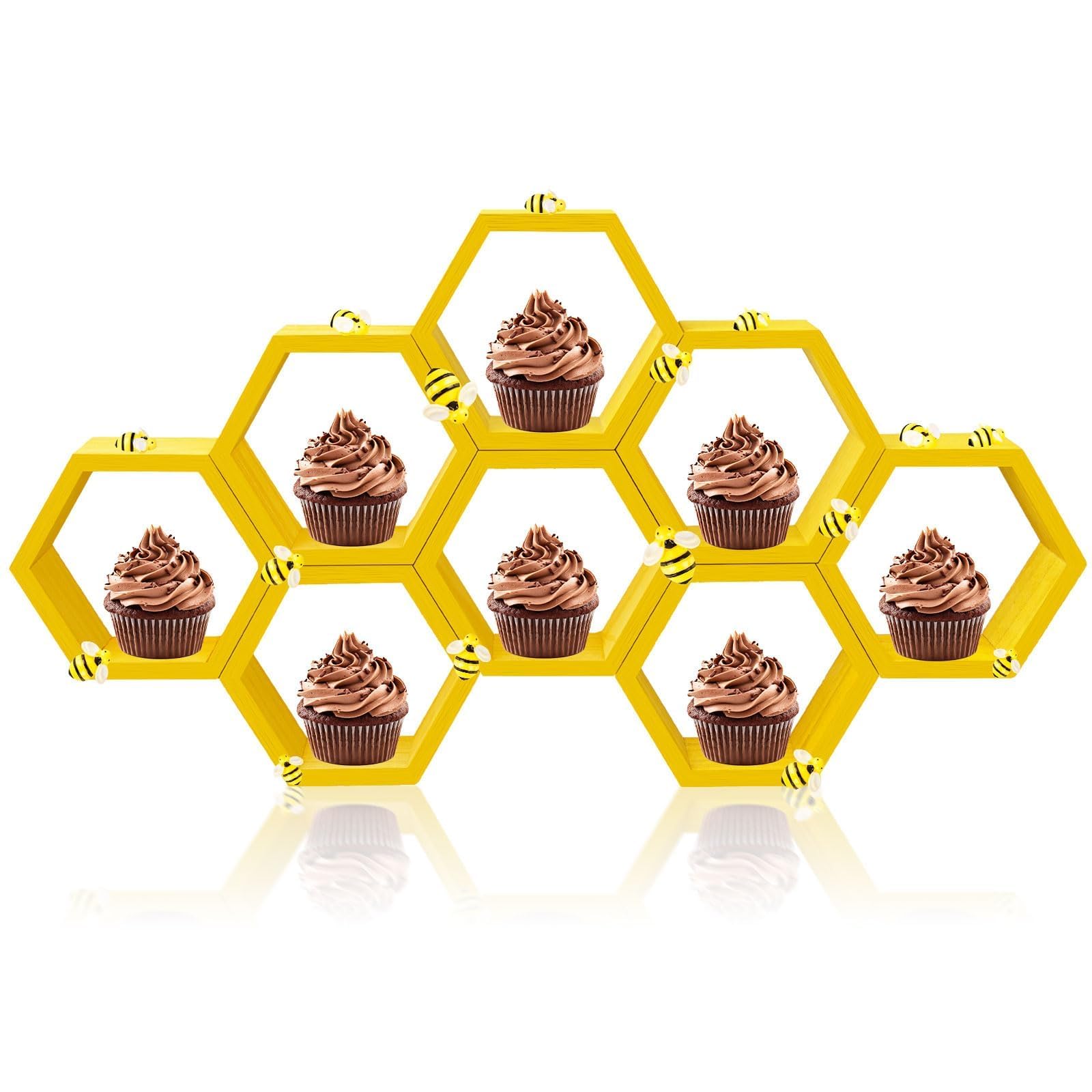 Photo 1 of 8 Pcs 4.13 Inch Honeycomb Cupcake Stand Cake Farmhouse Hexagon Display Holder Hexagonal Wood Cupcake Stand Floating Table Sign with Wooden Bee for Baby Shower Birthday Party Table Decorations