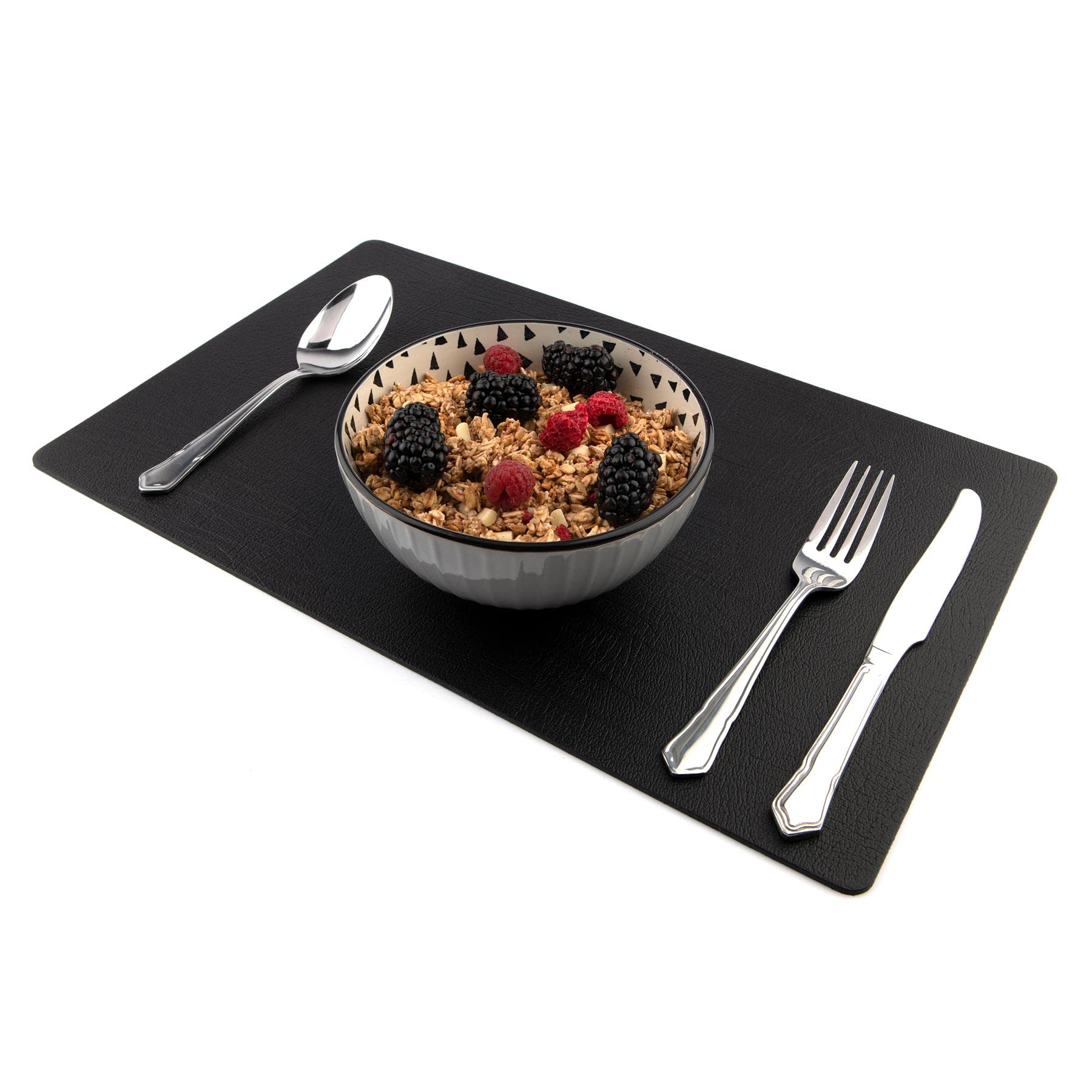 Sets of 8 Large Jet Black Recycled Leather Placemats (42cm x 26.5cm). Made in The UK by Lara-May.