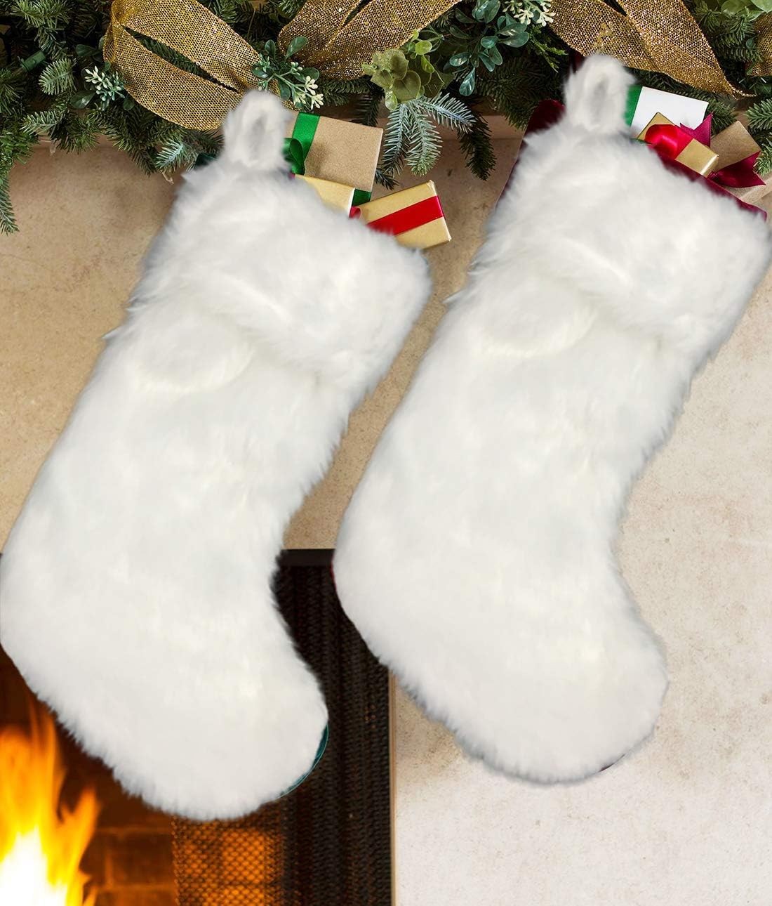 Stockings & Holders - AISENO 2 Pack 18 Inch Snowy White Christmas Stockings Faux Fur Christmas Stockings Hanging Ornaments Candy Gift Bags for Christmas Decorations