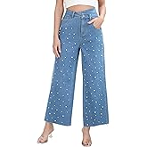 Kedera Womens High Waisted Pearl Jeans Casual Embellished Jeans Crossover Straight Leg Denim Pants with Raw Hem
