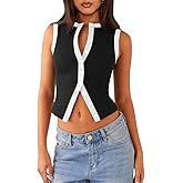 Pungdra Womens Button Down Tank Top Sleeveless Ribbed Fitted Vest Casual Crewneck Trendy Y2K Going Out Crop Knit Vest Top