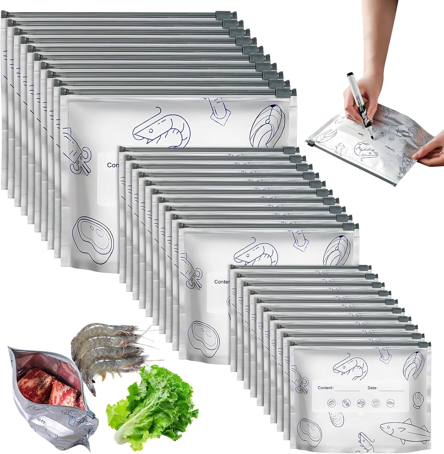 Photo 1 of 30PCS Reusable Aluminum Foil Sealable Storage Bags, Resealable Vacuum Zipper Pouches for Food, Stand Up Foil Sealable Bags with Label and Zip Lock for Vegetable Fruit Meat (3 Size)