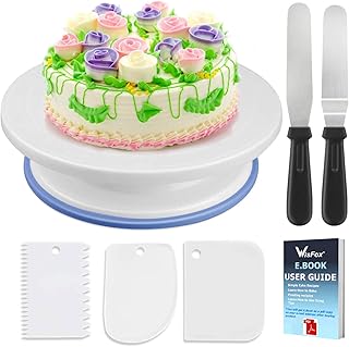 WisFox Tortenplatte drehbar Tortenständer Kuchen Drehteller Cake Decorating Turntable mit 2 Stück Winkelpalette Set, 3 Stück Icing Smoother, für Backen Gebäck, Zuckerguss, Mustern 28x7 cm Weiß