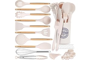 33 PCS Silicone Cooking Utensils Set, Kikcoin Wood Handle Kitchen Utensils Set with Holder, Spatulas Silicone Heat Resistant Cooking Gadgets for Nonstick Cookware, Creamy Pink