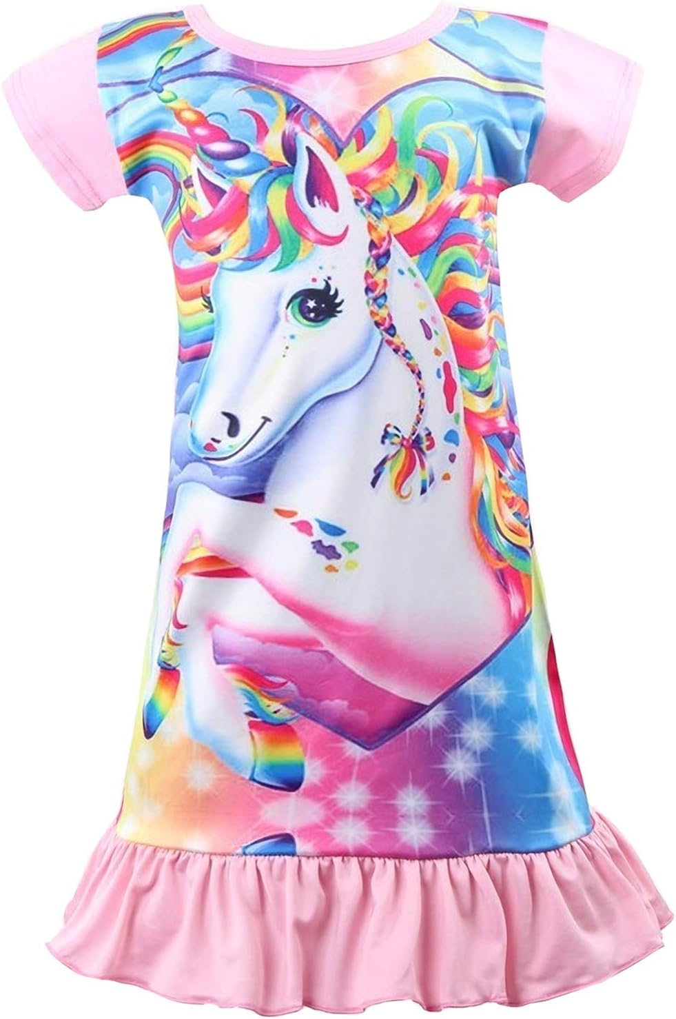 Unicorn Printed Toddler Girls Rainbow Nightshirt Casual Nightie Princess Night Dresses (Big Eyes-Baby Pink, S(7-8))