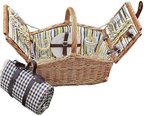 Amazon Co Jp デラックスratピクニックバスケット ダブルリッドクラシックポータブル 4人用ピクニック用品 セット収納バスケットバーベキュー用品 パークビーチに適しています ホーム キッチン