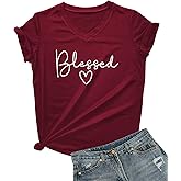 DANVOUY Womens V-Neck Cute Blessed T-Shirt Funny Heart Graphic T Shirt Short Sleeve Tops