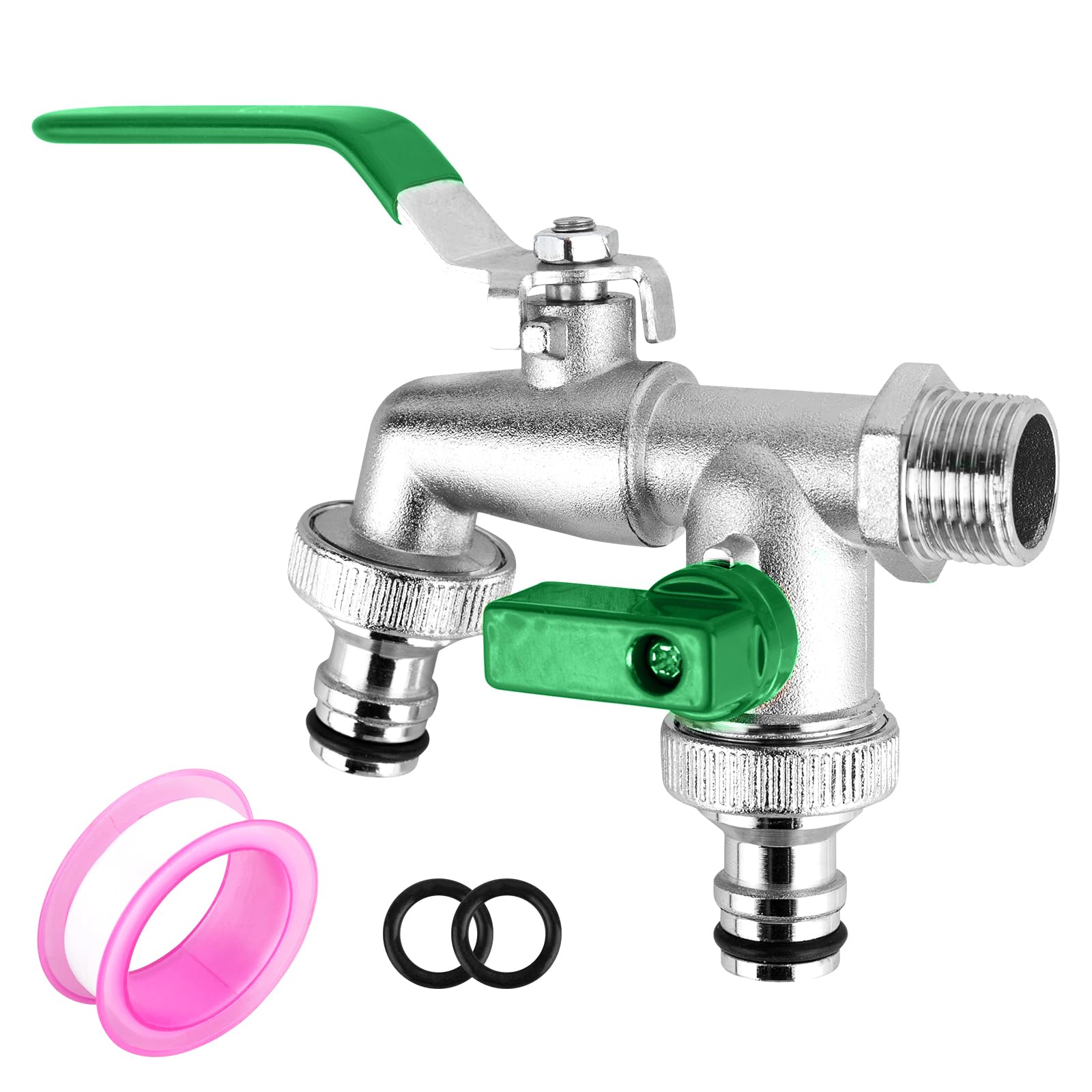 CTDMJ Double Garden Tap With 1/2 Inch Red/Brass Water Faucet and 2X3/4 Inch Outlet Ball Valve Outside Outdoor Tap (Green) — image 1