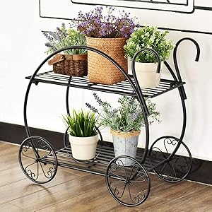 Giantex Garden Cart Metal Plant Stand with 4 Decorative Wheels, Succulent Collection Flower Pot Holder Display Shelf for Home Patio Garden Flower Shop, Parisian Style Plant Potted Rack (2-Tier)