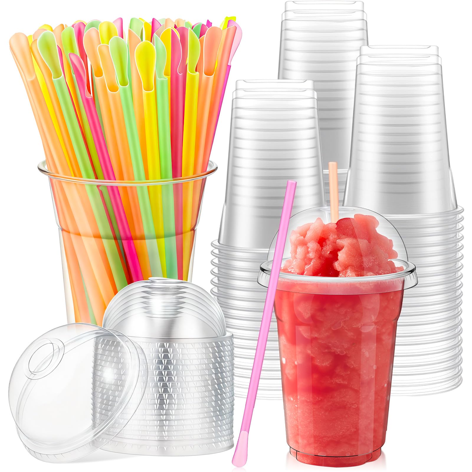 Photo 1 of Reallnaive 100 Sets 16oz Clear Slushie Cups with Dome Lids and Snow Cone Spoon Straws, Disposable Smoothie Cold Drinking Cups for Party Iced Coffee Cold Drinks Juice Milkshake
