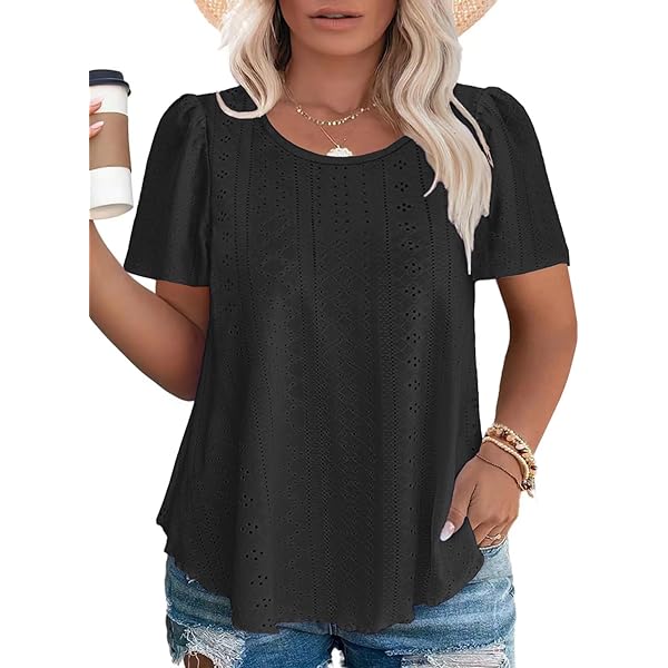 SCOMCHIC Women's Plus Size Textured Summer Tops - Ruffle Short Sleeve Casual Blouse Loose Fit Tee