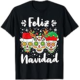 Feliz Navidad Sugar Skulls Christmas Reindeer Santa Mexican T-Shirt