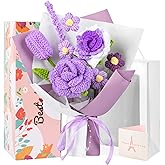 MengxFly Purple Crochet Flower Bouquet, Handmade Crochet Flowers, Knitted Flowers Gift for Her, Gift for Women with Gift Box, Bag and Card