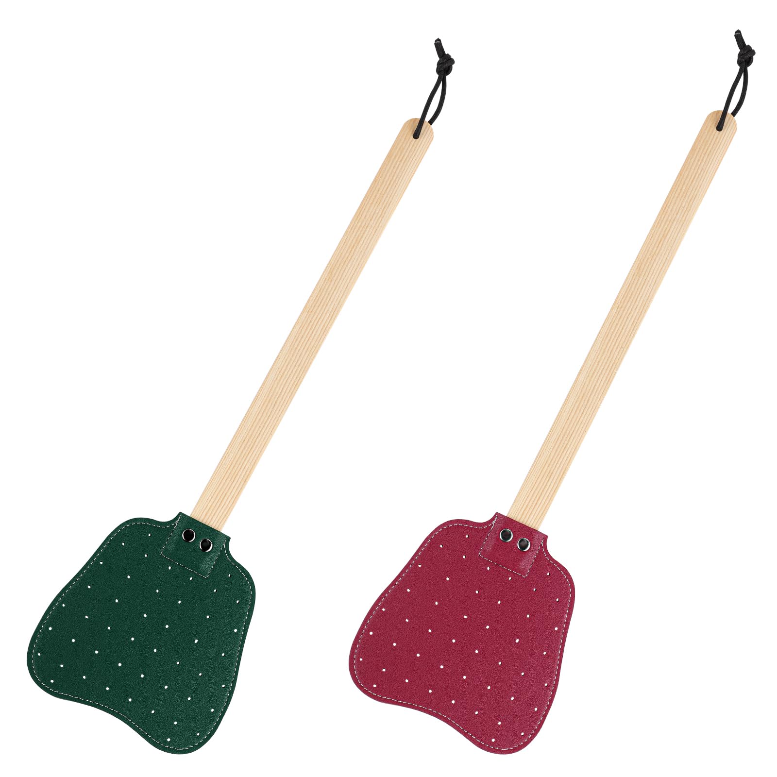 2pcs Leather Fly Swatters, Long Wooden Handle Manual Fly Swatters with Hanging Rope Heavy Duty Practical Leather Fly Swatters Indoors for Fly Mosquitoes Bees(Red, Dark Green)
