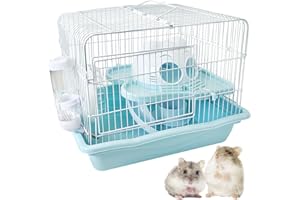 PINVNBY Dwarf Hamster Cage, Small Animal Cages, 2-Tier Travel Portable Mouse Cage Hamster Carrier with Castle House Running Exercise Wheels, Water Bottle and Food Dish（Blue）