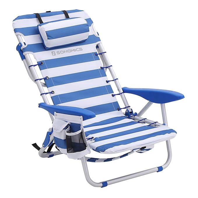 SONGMICS Strandstuhl mit Kopfkissen, Aluminium, tragbarer Klappstuhl, Campingstuhl, faltbar und verstellbar, wie EIN Rucksack